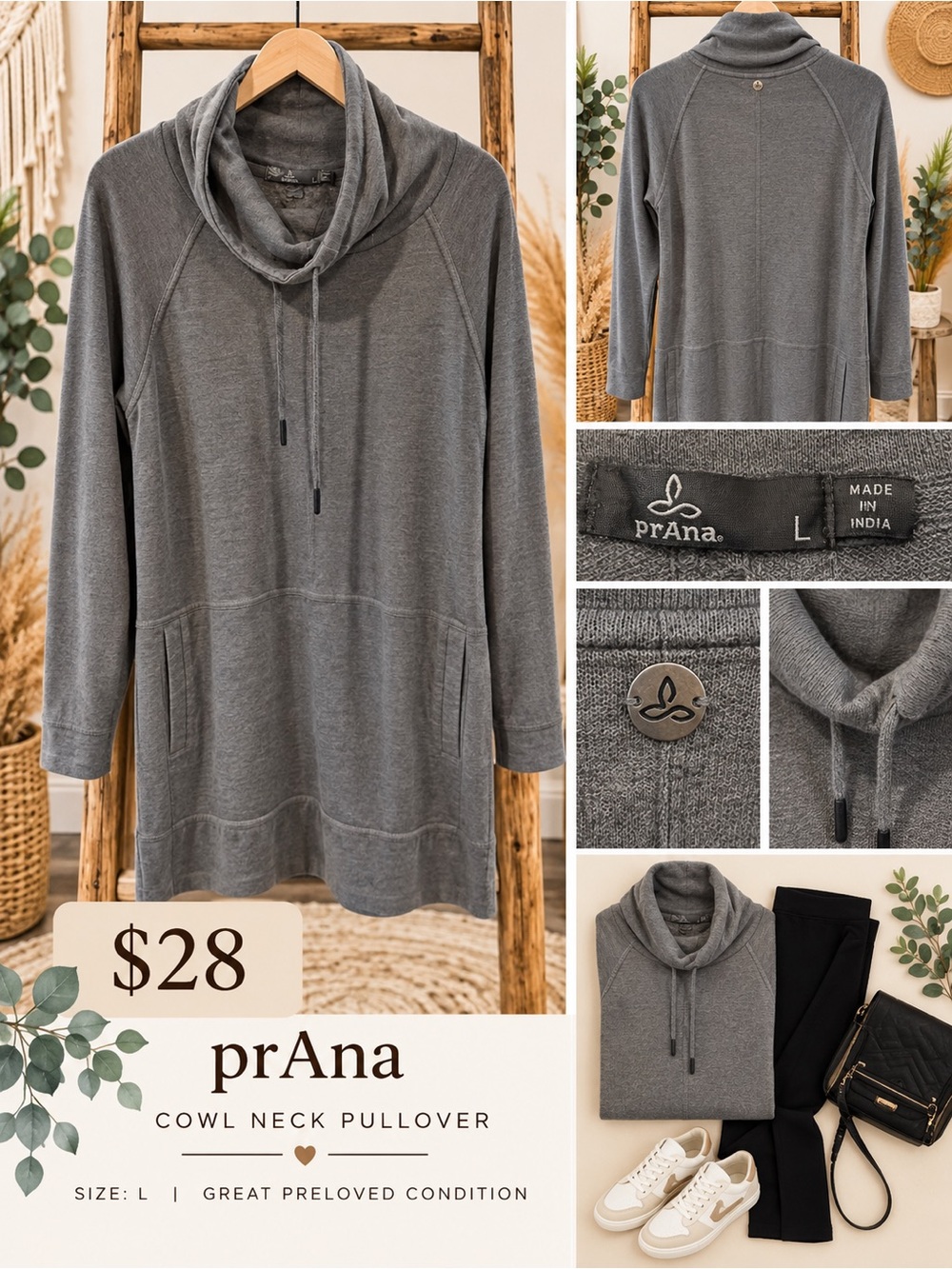 Prana Gray Cowl Neck Pullover